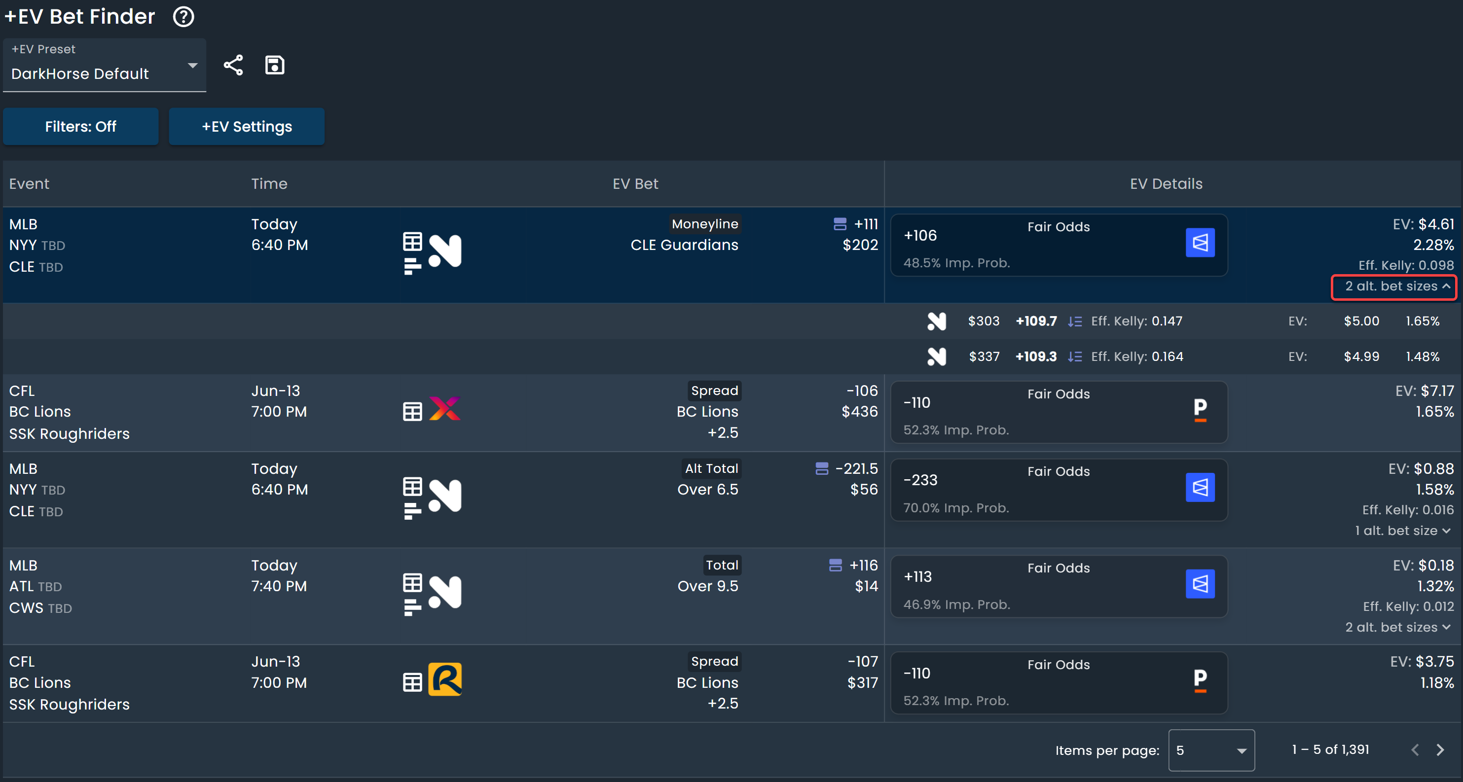 Screenshot of +EV Bet Finder Results with alternate bets presented