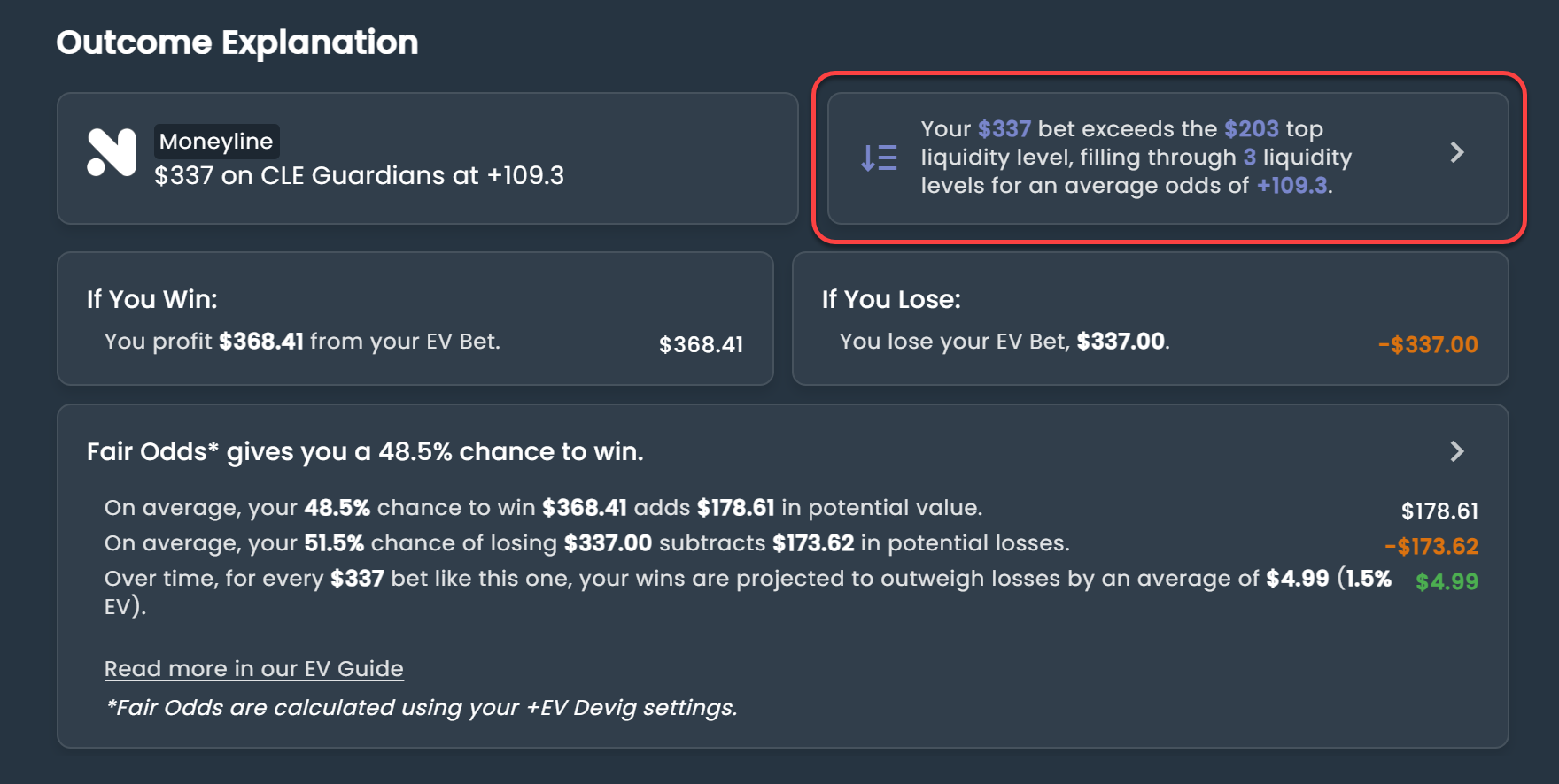 Screenshot of +EV outcome explanation if  wagering through multiple liquidity levels