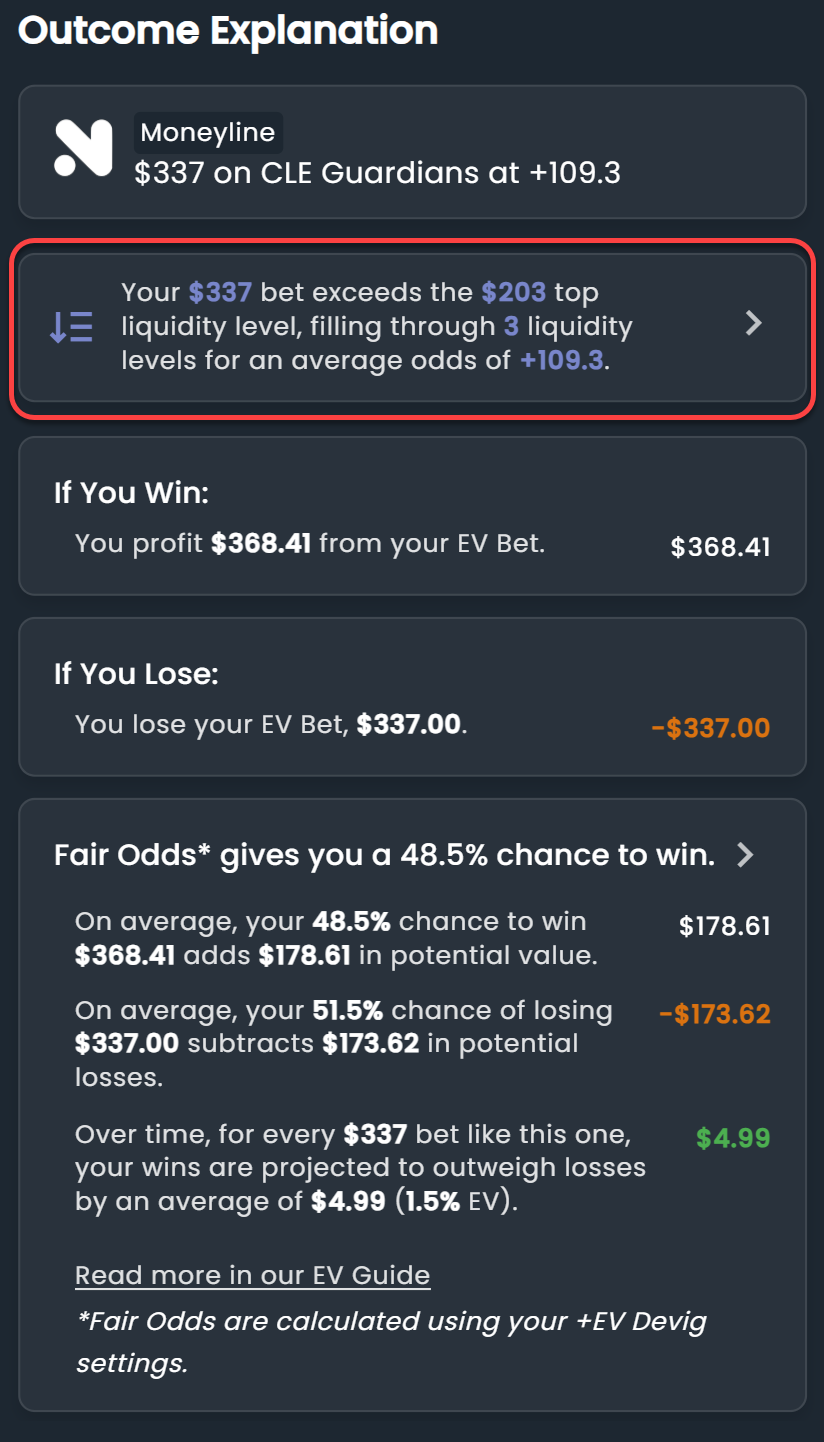 Screenshot of +EV outcome explanation if  wagering through multiple liquidity levels
