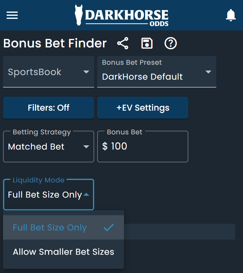 Screenshot of the liquidity mode on DarkHorse Odds