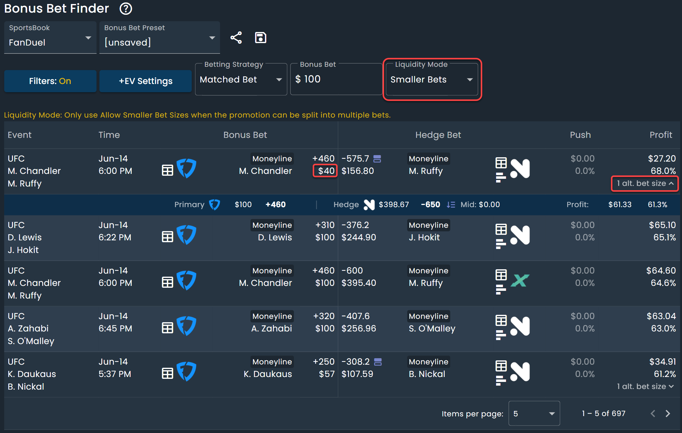 Screenshot of smaller bet size on DarkHorse Odds